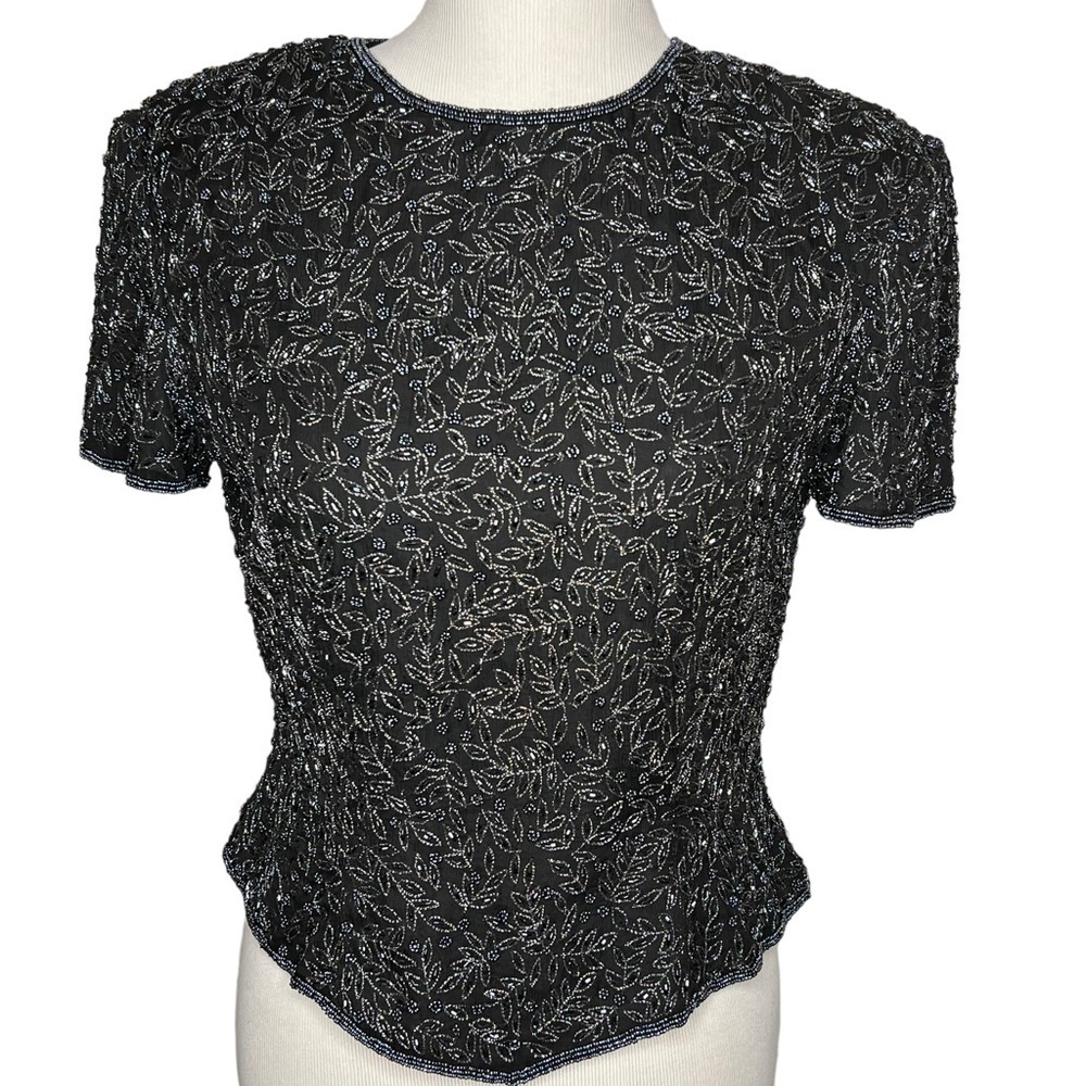 Papell Boutique Evening Black Silk Beaded Cocktail Blouse Size 14 Short Sleeve